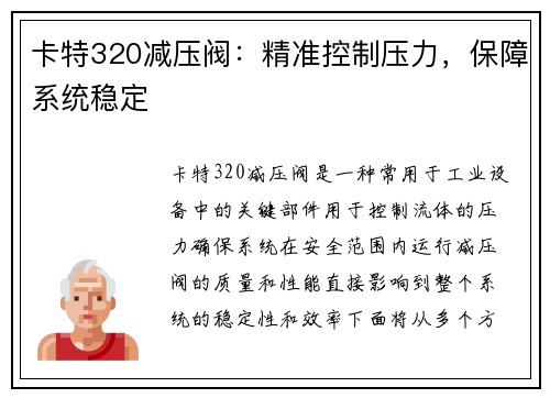 卡特320减压阀：精准控制压力，保障系统稳定