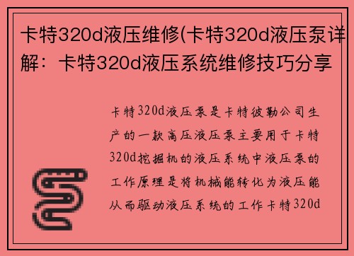 卡特320d液压维修(卡特320d液压泵详解：卡特320d液压系统维修技巧分享)