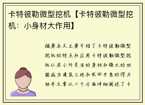 卡特彼勒微型挖机【卡特彼勒微型挖机：小身材大作用】